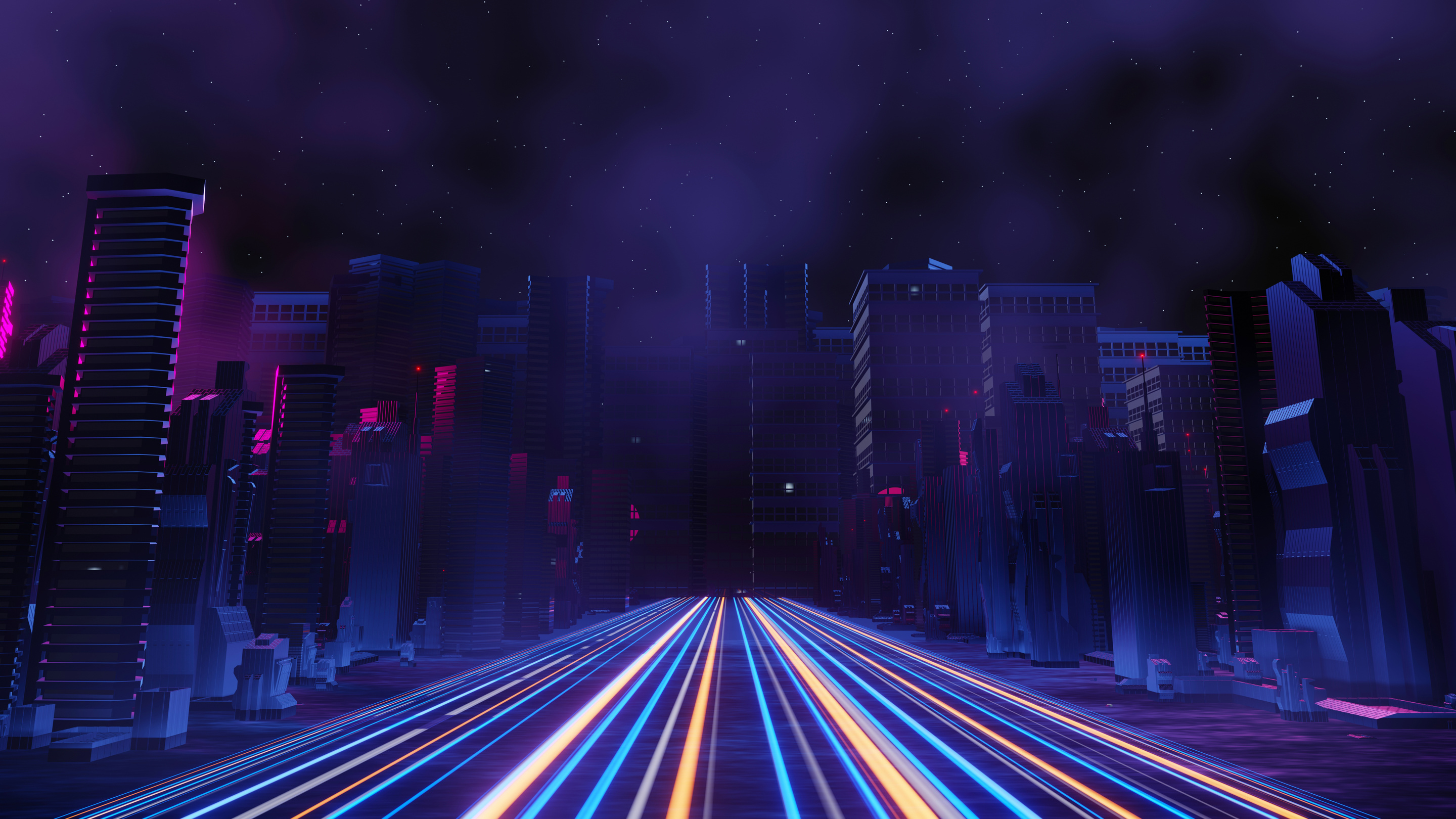 3D Render of Cyber Punk Night City Landscape Concept. Light Glow